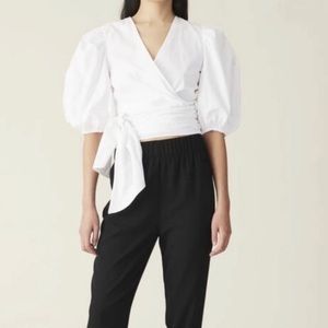 GANNI white puff sleeve wrap top, poplin